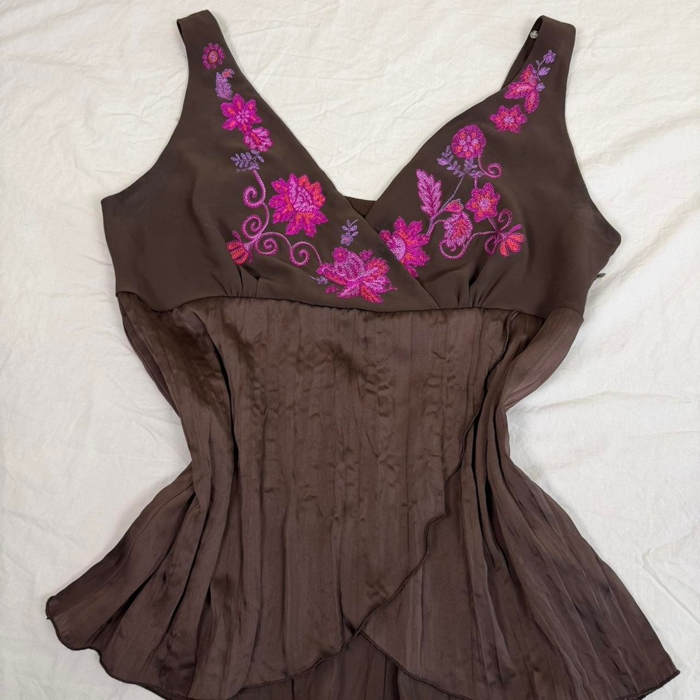 Vintage y2k Bandolino brown & pink floral embroidered design babydoll fairy top - Picture 2 of 8
